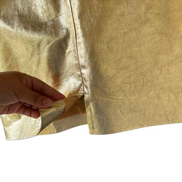 Vintage Genuine Leather Arrow Metallic Gold Pencil Skirt Pleated Back Slip Zip - Picture 7 of 8